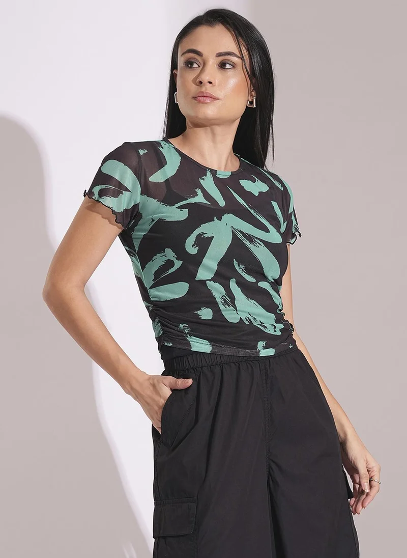 globus Globus Women Abstract Print Short Sleeves Semi Sheer Ruched Party Top