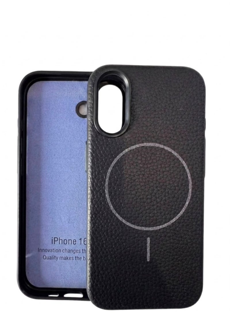 Premium magnetic protective case for iPhone 16 , MagSafe compatible, made of high-quality synthetic leather with a litchi texture and microfiber lining to protect the camera and corners. - Image 3