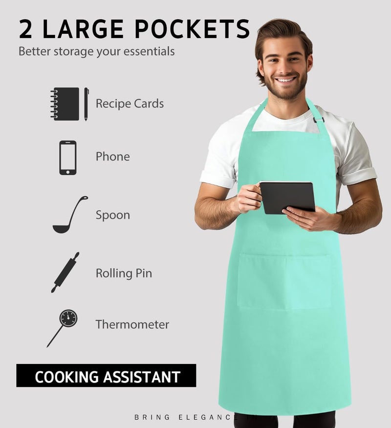 Syntus 2 Pack Adjustable Bib Apron Waterdrop Resistant with 2 Pockets Cooking Kitchen Aprons for BBQ Drawing, Women Men Chef, Light Green - Image 4