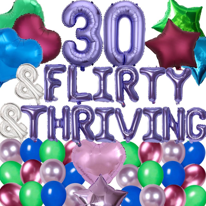 DUFACAI 52 Pieces 30 Flirty Thriving Birthday Party Decorations 30th Birthday Banner Purple Number Balloons Heart Star Balloons Latex Balloons for Her 30 Years Old Party Rose Red - Image 3