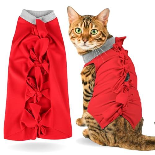 A+a Pets' MAA Cat Everyday Clothing | E-Cone Alternative, Post Surgery Recovery, Abdominal Wounds, Skin Issues | Breathable Cotton (Red, M) - Image 1
