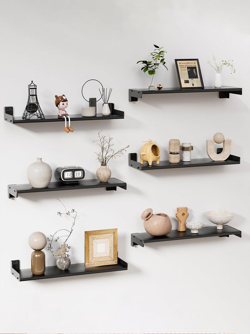 FNBAR Floating Shelves for Wall, Shelves for Decor Storage Set of 6, Wall Mounted Wood Shelf for Bedroom, Living Room, Bathroom, Kitchen,Long Picture Ledge Shelves.(Black) - Image 1