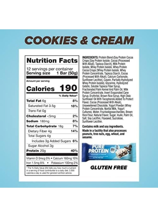 Pure Protein - Bars, High Protein, Nutritious Snacks To Support Energy, Low Sugar, Gluten Free, Cookies & Cream, 1.76 Oz, 12 Count (Pack Of 1) - Image 1