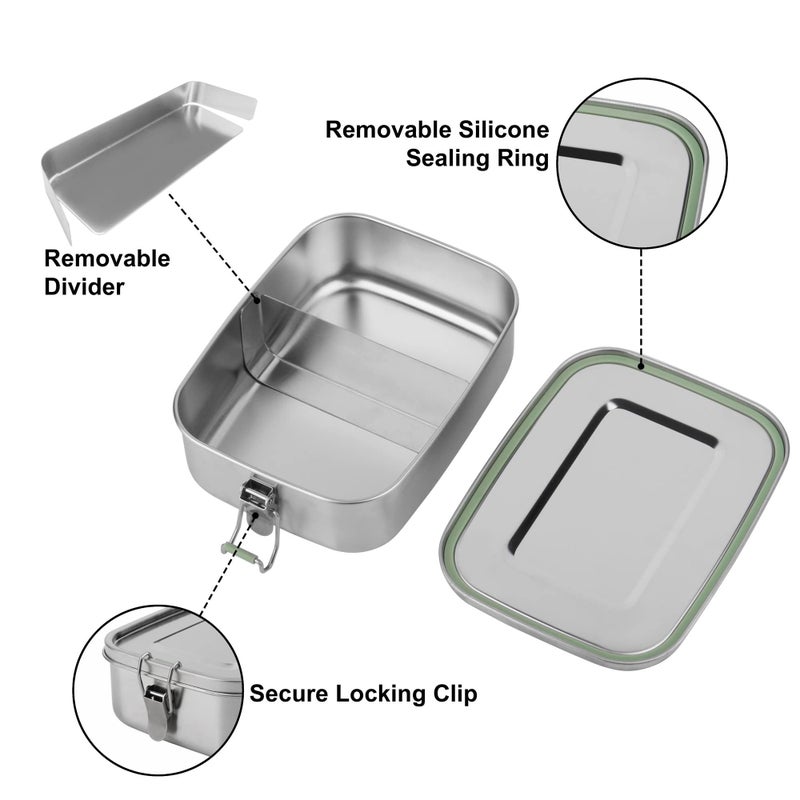 Arora Stainless Steel Bento Lunch Box - 1500ml w/Divider  2 Compartments  Eco & Recyclable Food Container  Leakproof & Dishwasher Safe  BPA Free  On-the-Go Eating Design for Adults & Teens - Image 3