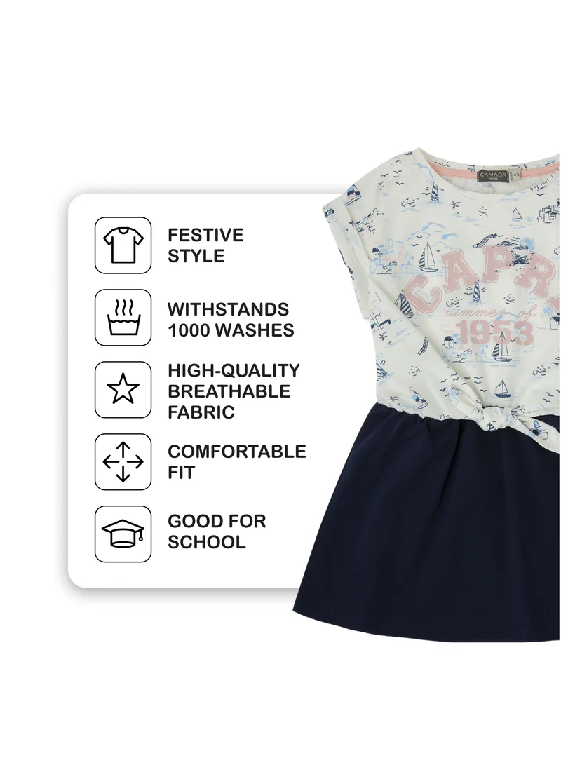 CANADA HOUSE Soft and Comfortable Cotton Striped Jersey Dress with Short Sleeves and Round Neckline For Girls White and Navy Blue