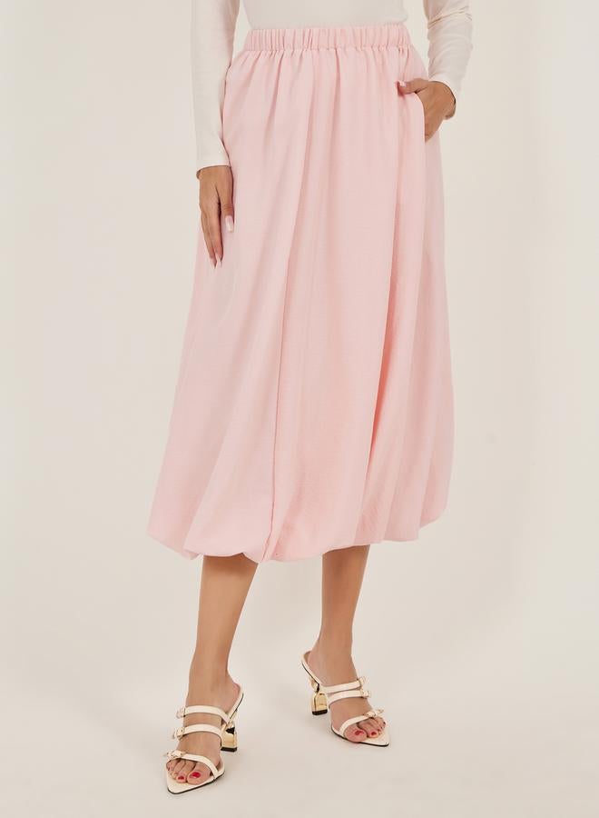 Styli Pink Solid Balloon Midi Skirt with Elastic Waistband  - Image 2
