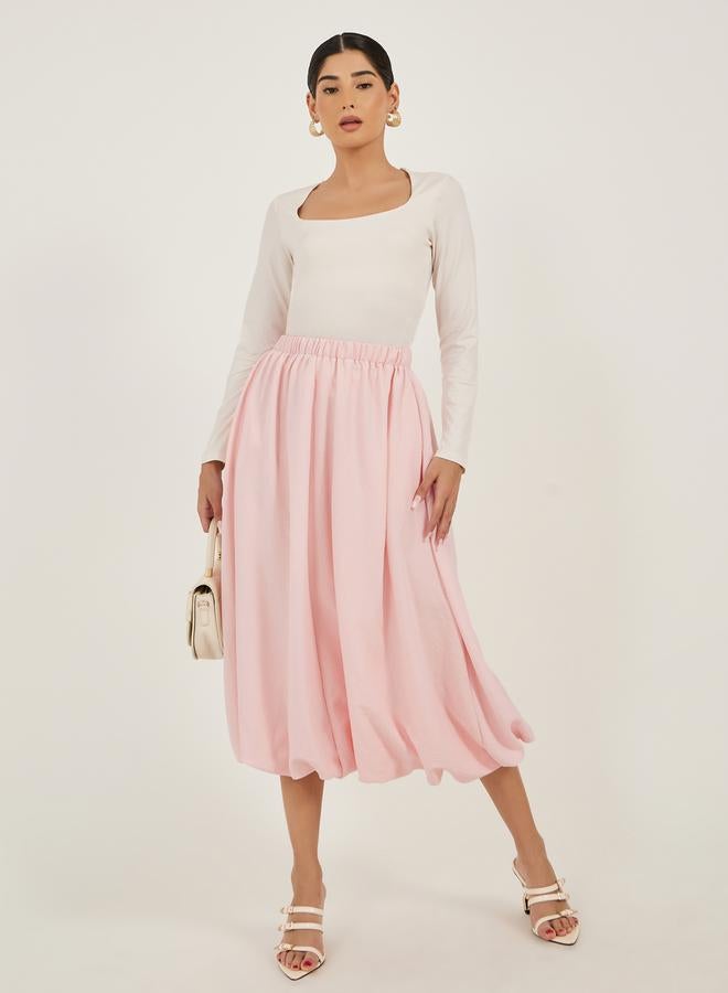 Styli Pink Solid Balloon Midi Skirt with Elastic Waistband  - Image 1