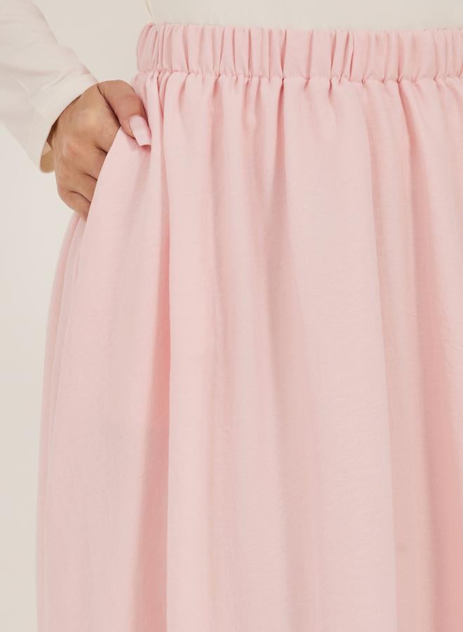 Styli Pink Solid Balloon Midi Skirt with Elastic Waistband  - Image 3