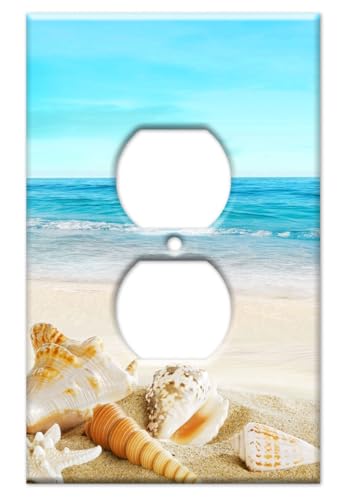 Art Plates - OverSized - Jumbo Duplex Outlet Cover - OVERSIZE 1 Gang Outlet Plug Switch Plate - Seashells on the Beach - (Made in USA) - Image 1