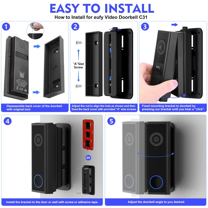 CaGuan Adjustable Doorbell Mount(35Â°-145Â°) for eufy Video Doorbell E340/C31/C30/C210/S330, No-Drilling Mounting Bracket,Left/Right Adjustable,Wide Viewing Angle,Ideal for Apartment/houses, Black - Image 5