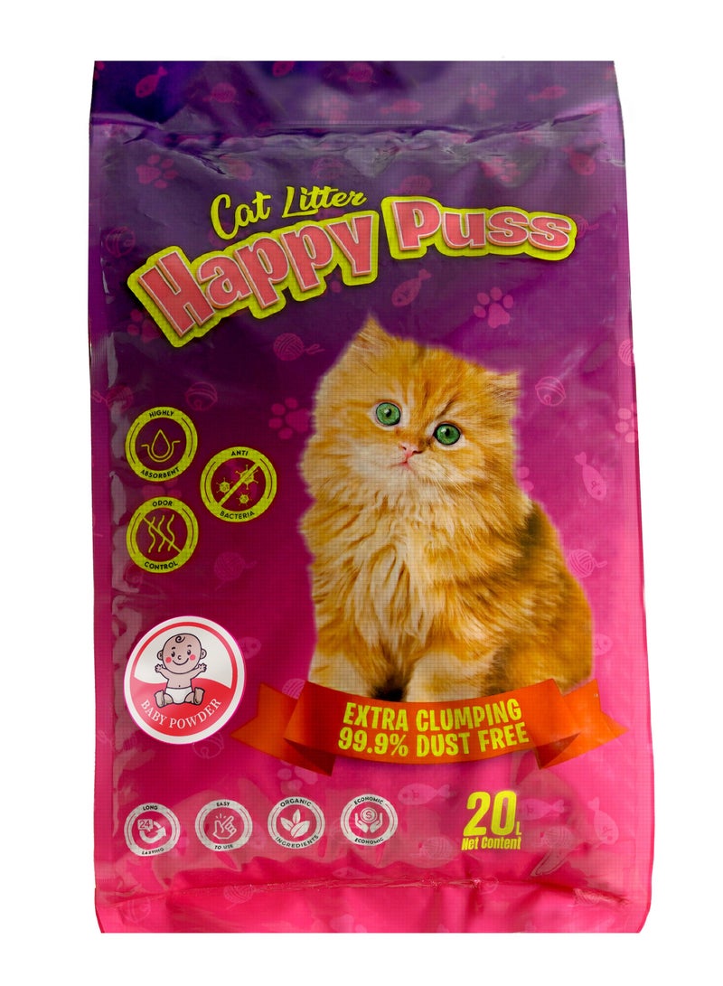 هابي بوس رمل قطط معطر قوي التكتل من مادة البنتونيت الطبيعي 20L برائحة بودرة الأطفال - Image 1