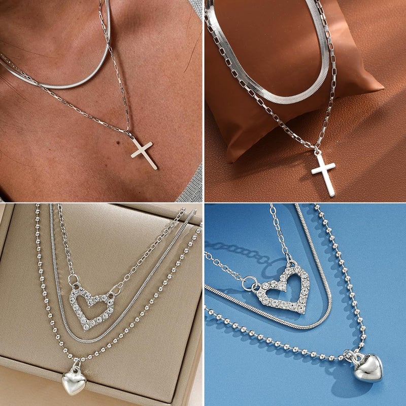 IFNODO 92 PCS Silver Plated Jewelry Set with 8 PCS Necklace, 19 PCS Bracelet, 44 PCS Stud Hoop Earring, 21 Pcs Knuckle Rings for Women Valentine Anniversary Friendship Gift - Image 4