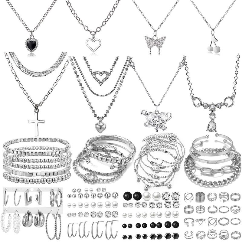 IFNODO 92 PCS Silver Plated Jewelry Set with 8 PCS Necklace, 19 PCS Bracelet, 44 PCS Stud Hoop Earring, 21 Pcs Knuckle Rings for Women Valentine Anniversary Friendship Gift - Image 1