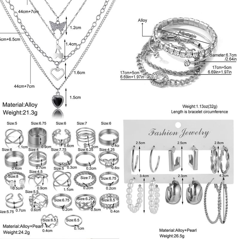 IFNODO 92 PCS Silver Plated Jewelry Set with 8 PCS Necklace, 19 PCS Bracelet, 44 PCS Stud Hoop Earring, 21 Pcs Knuckle Rings for Women Valentine Anniversary Friendship Gift - Image 3