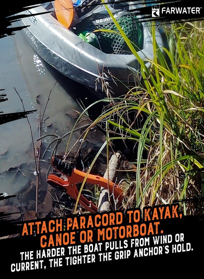 FARWATER Canoe Anchor Grip - Boat, Float Tube & Kayak Fishing Accessories, Kayaking Equipment - Brush Clamp Anchor with Teeth - Gripper with 15ft Paracord - Rubber Grips - Coated Steel - Matte Orange - Image 5