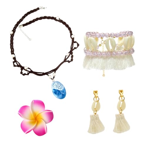 PATPAT® Moana Princess Necklace Set for Girls,Set of 4Pcs Beach Wear Jewelry,Seashell Anklet Necklace Seashell Tassel Earrings & Flower Clip Moana Cosplay Costume Accessories Kit - Image 1