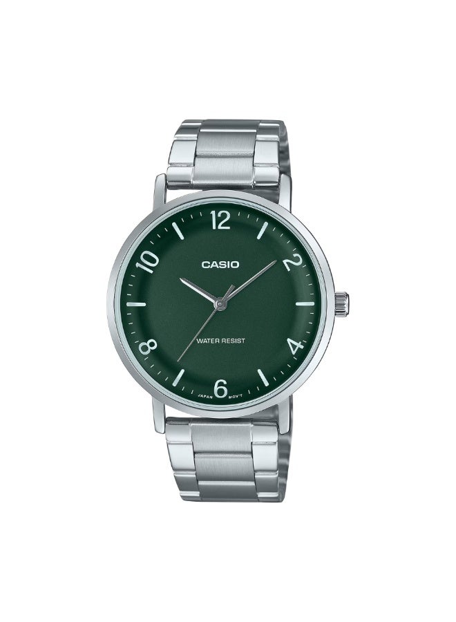 Casio MTP-VT03D-3BDF Men’s Analog Watch – Green Dial, Silver Stainless Steel Band, Slim & Stylish Design - Image 1