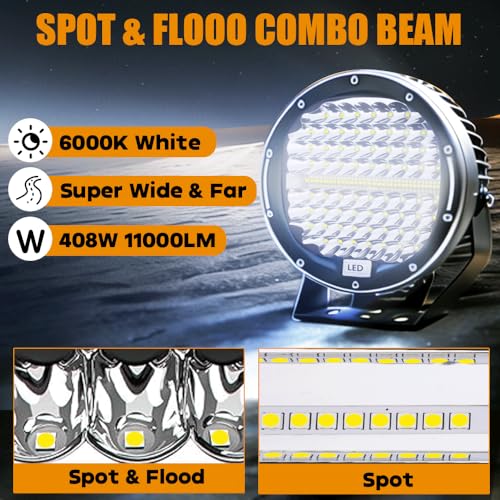 Turboo 9 Inch Round LED Off Road Lights 408W 2PCS 40800LM Trucks Tractor LED Work Lights, Driving Light Bar Tractor Fog Lights for Snowmobile SUV ATV UTV Golf Car Boat Mower Snowplow, Black - Image 2