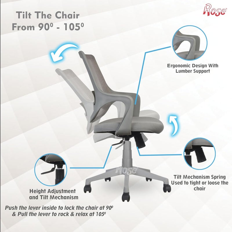 Rose ROSE Mono  3Years Warranty Included  Mesh MidBack Ergonomic Office Chair  Revolving Study  Work from Home Chair Grey  - Image 4