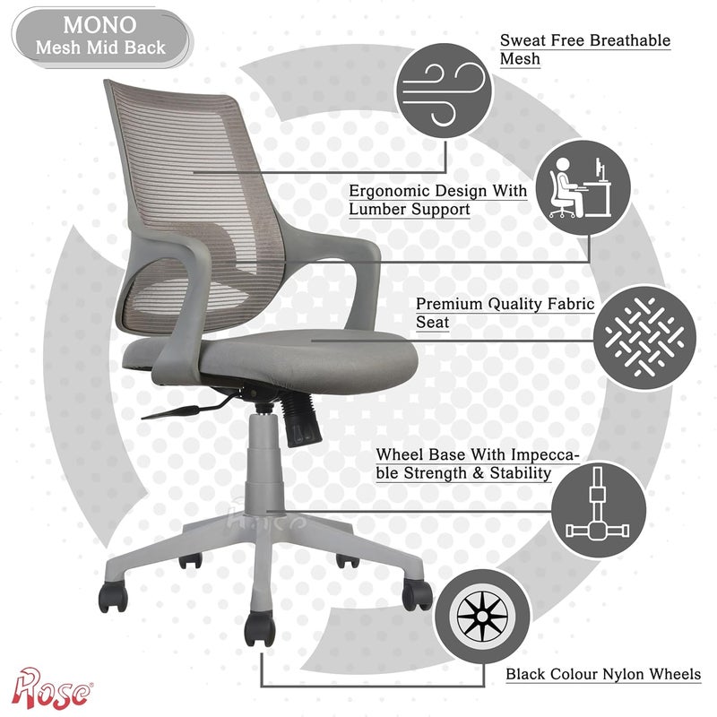 Rose ROSE Mono  3Years Warranty Included  Mesh MidBack Ergonomic Office Chair  Revolving Study  Work from Home Chair Grey  - Image 3