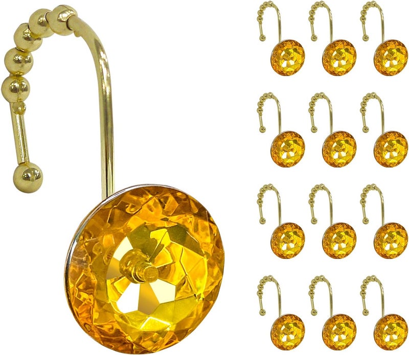 Sunlit Luxury Design Round Yellow Diamond Crystal Gem Bling with Glide Balls Shower Curtain Hooks, Rust Proof Metal Rhinestones Glam Shower Curtain Rings-12 Pack - Image 1