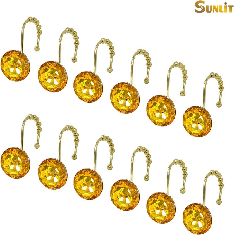 Sunlit Luxury Design Round Yellow Diamond Crystal Gem Bling with Glide Balls Shower Curtain Hooks, Rust Proof Metal Rhinestones Glam Shower Curtain Rings-12 Pack - Image 3