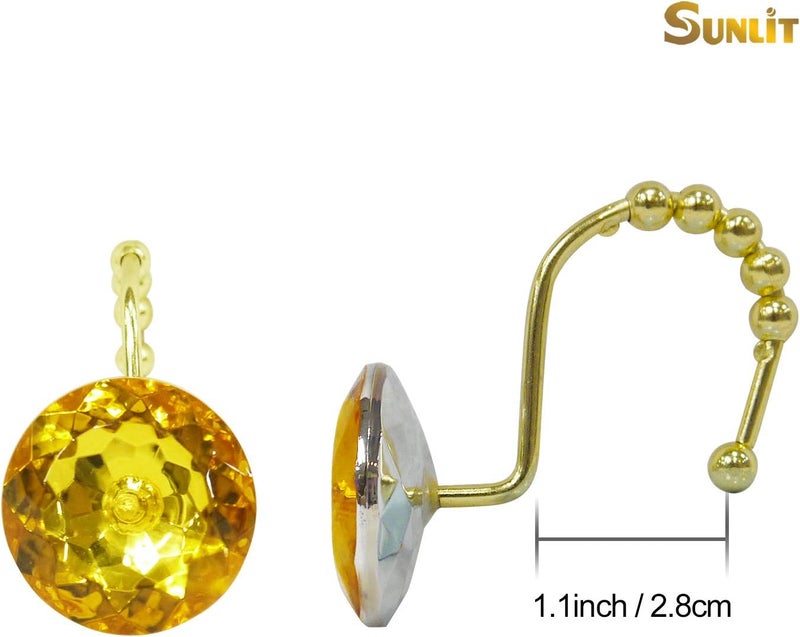 Sunlit Luxury Design Round Yellow Diamond Crystal Gem Bling with Glide Balls Shower Curtain Hooks, Rust Proof Metal Rhinestones Glam Shower Curtain Rings-12 Pack - Image 2