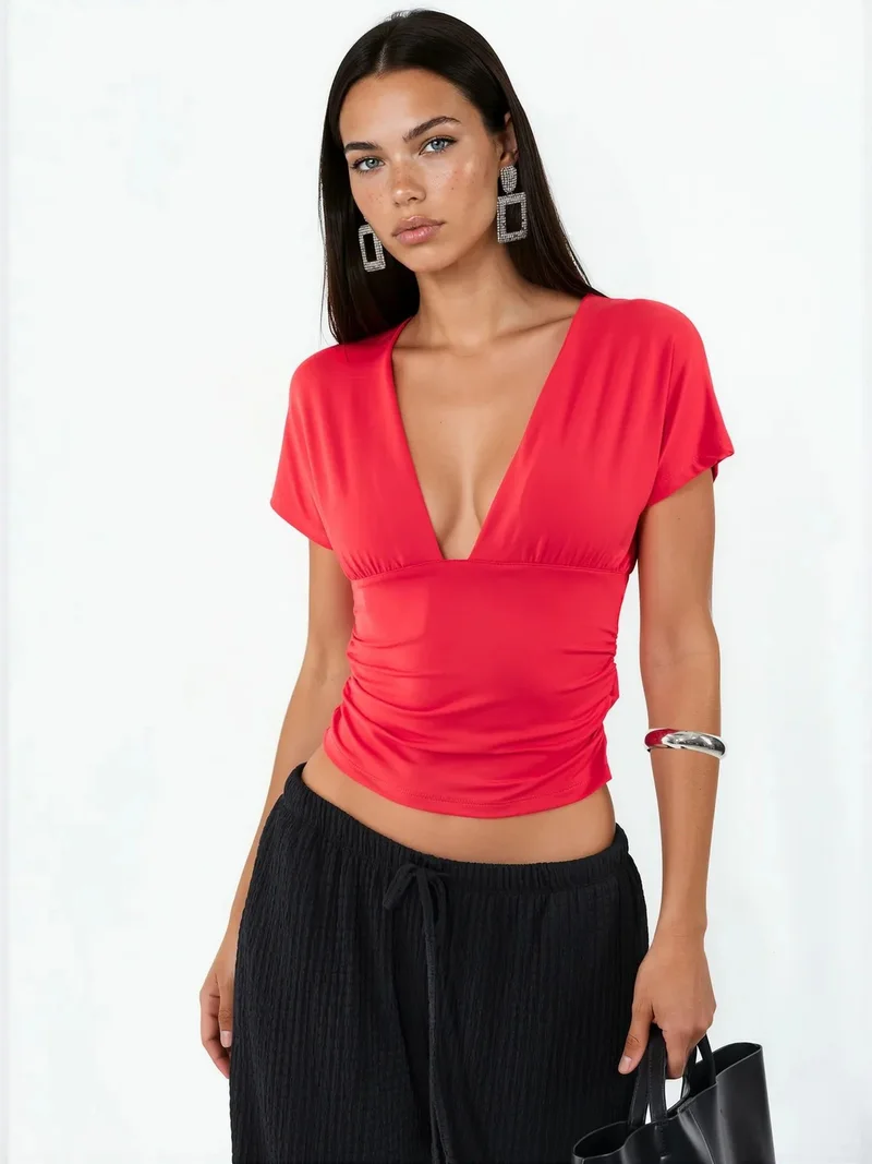 بوسيم BUSEM Fitted Crop Blouse With Tie Detail