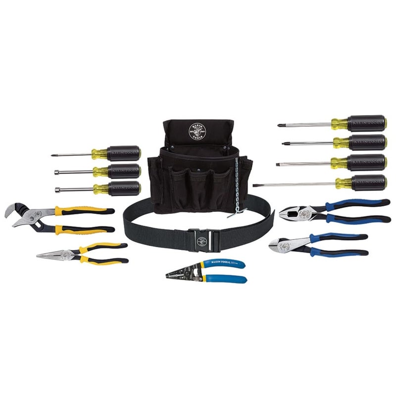 Klein Tools 92914 Tool Kit Tool Set Includes Basic Tools Pouch and Belt for Journeyman Linesman Professionals and Homeowners 14Piece