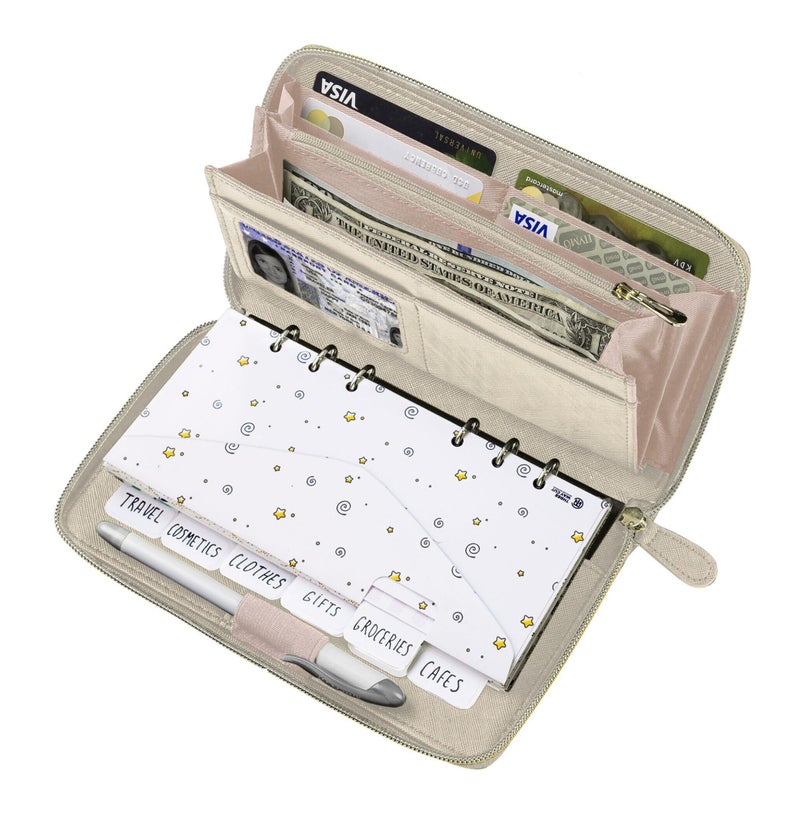 THREE WAY CUT Cash Envelope Wallet Beige All in One Budget System RFID Blocking with 12x Tabbed Cash Envelopes 12x Monthly Budget Cards 1x Yearly Budget Planner Sheet Complete Money Organizer Set for Cash - Image 1