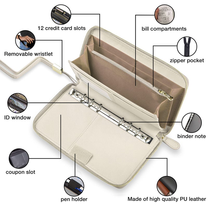 THREE WAY CUT Cash Envelope Wallet Beige All in One Budget System RFID Blocking with 12x Tabbed Cash Envelopes 12x Monthly Budget Cards 1x Yearly Budget Planner Sheet Complete Money Organizer Set for Cash - Image 2