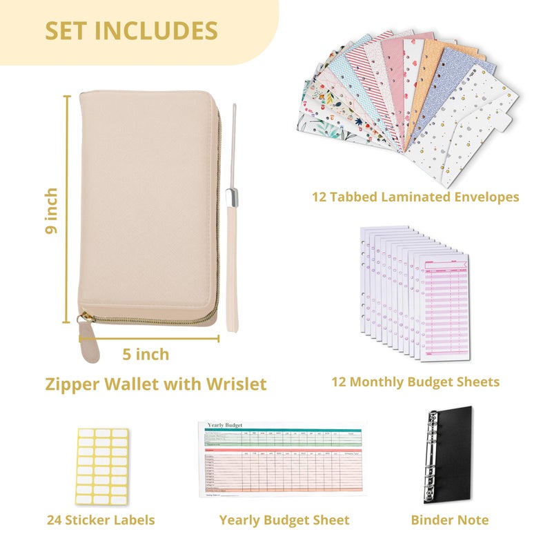 THREE WAY CUT Cash Envelope Wallet Beige All in One Budget System RFID Blocking with 12x Tabbed Cash Envelopes 12x Monthly Budget Cards 1x Yearly Budget Planner Sheet Complete Money Organizer Set for Cash - Image 4