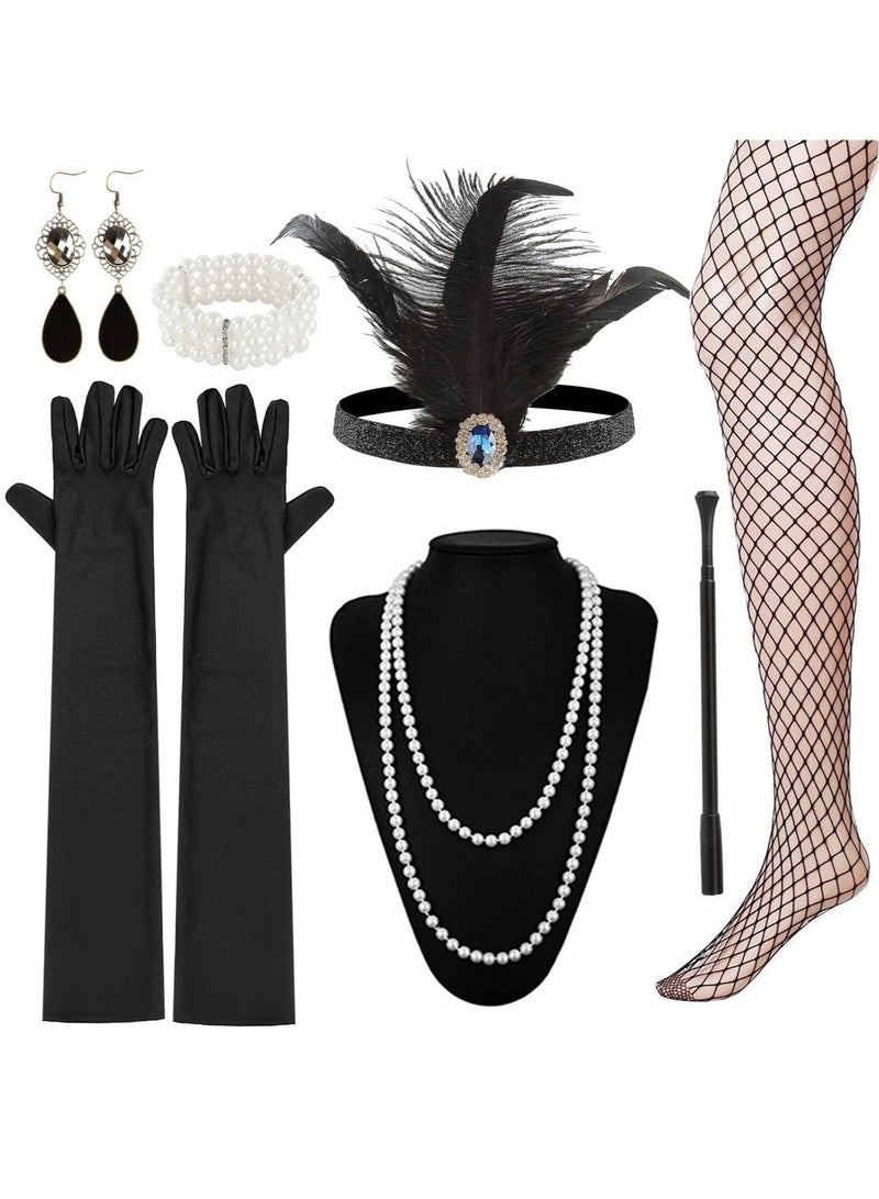 Party Dress Up Set, 1920s Flapper Accessories Set for Women, Fancy Dress Party Accessories with Flapper Headband Long Gloves Pearl Necklace, Theme Party Accessories - Image 1