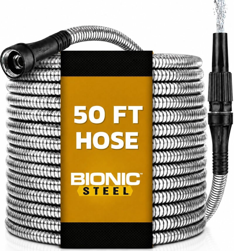 BIONIC STEEL Metal Garden Hose 50 Ft with Nozzle, 304 Stainless Steel Water Hose, 50 Ft Garden Hose Tough & Flexible, Lightweight, Crush Resistant Fittings, Kink & Tangle Free, Rust Proof - 2024 Model - Image 1