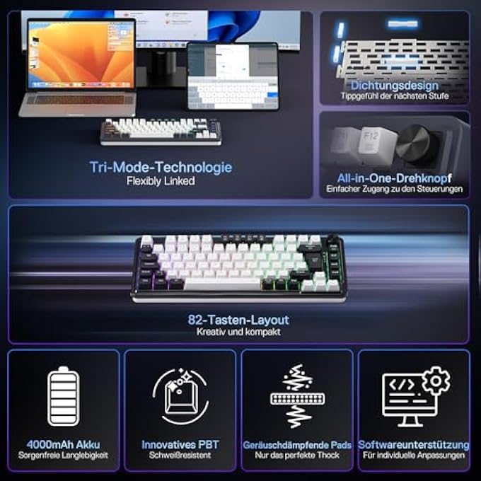 rayihni K673 PRO WIRELESS QWERTZ DE GAMING KEYBOARD, GASKET STRUCTURE 75% COMPACT DESIGN, 82 KEYS HOT-SWAP RED SWITCHES MECHANICAL KEYBOARD WITH BUTTON RGB LIGHTING, 2.4G/BT/TYPE-C CONNECTIONS - Image 2