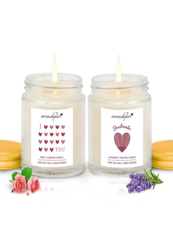 Aromahpure Valentines Scented Candles Gift Set for Girlfriend & Boyfriend | I Love You (Rose) & Soulmate (Lavender) Fragrances | Burns Upto 50hrs Soy Wax Candle Jar | Candles for Home Decor - Image 1