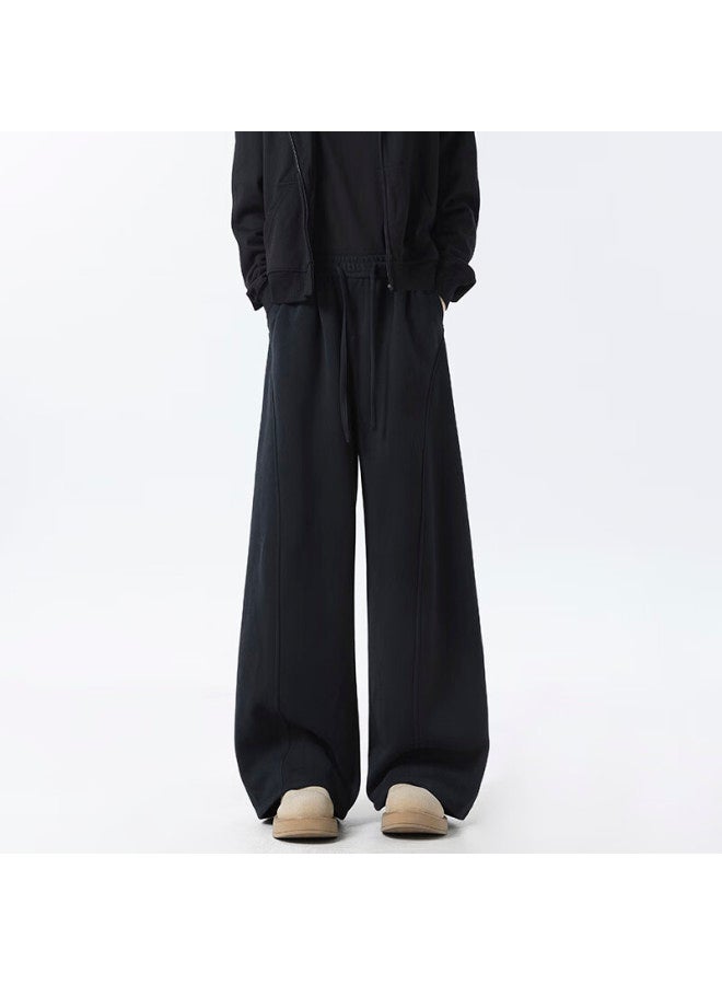 Izexx Men's American Casual Curved Blade Pants Spring Loose Draped Lazy Wide-leg Sweatpants Zkw80 Black L - Image 3