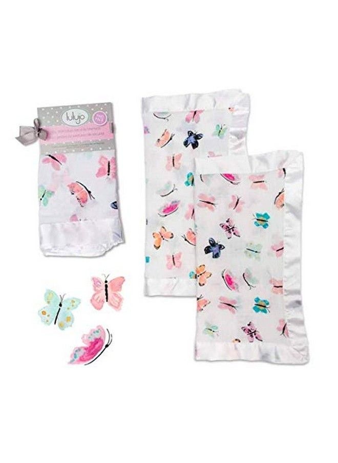 lulujo Baby Security Lovey Blankets; Unisex Softest Breathable Cotton Muslin Security Blanket With Silky Satin Trim; Neutral Comforting Blanket For Girls & Boys ; 16In By 16 In; Butterfly 2 Count  - Image 1