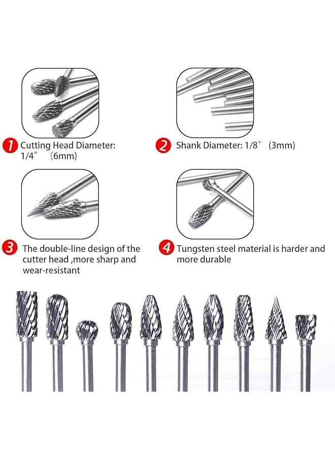 إيروريكس مجموعة رؤوس مثقاب دوارة من الكربيد مقاس 1.8 بوصة مع رأس مقاس 1.4 بوصة ورؤوس مثقاب دوارة مزدوجة القطع لطحن الخشب والحفر والنحت والتلميع، 10 قطع - Image 4