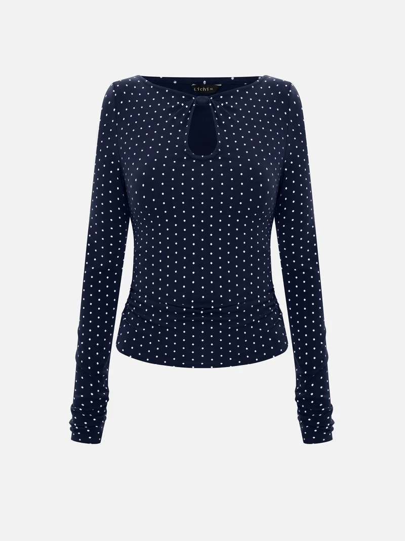 ليتشي Polka dot viscose longsleeve with teardrop neckline