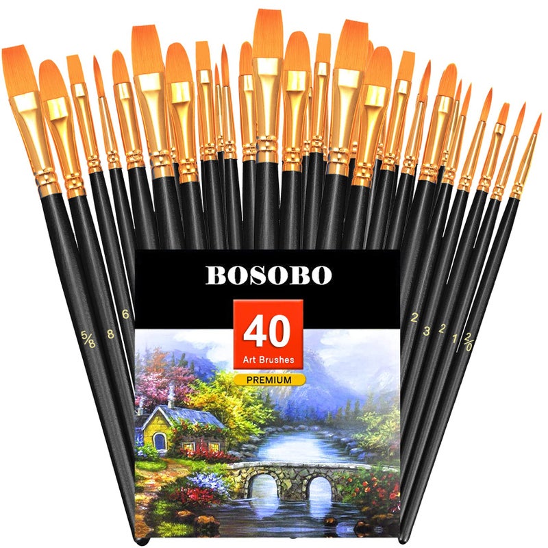 مجموعة فرش الرسم BOSOBO 4 عبوات 40 قطعة فرشاة دائرية مدببة شعر نايلون للفنانين للرسم الأكريليكي والزيت والمائي وفن الأظافر والتفاصيل المصغرة ورسم الصخور باللون الأسود