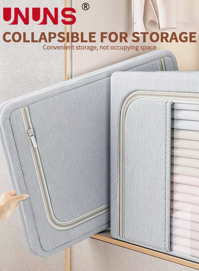 UNUNS Foldable Clothes Box,3-Piece Cotton Linen Wardrobe Storage Bag Set With Soft Handles,Double Zipper and Transparent Tindow,66L Large Capacity Steel Frame Storage Box for Clothes And Quilts,50x40x33cm - Image 5