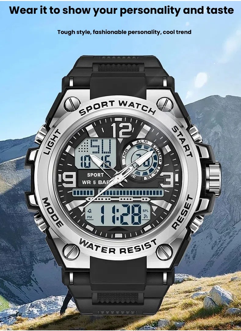 Watches for men analog-digital display quartz watch waterproof men's watch Silver