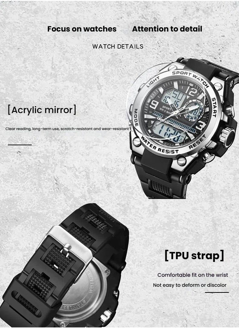 Watches for men analog-digital display quartz watch waterproof men's watch Silver