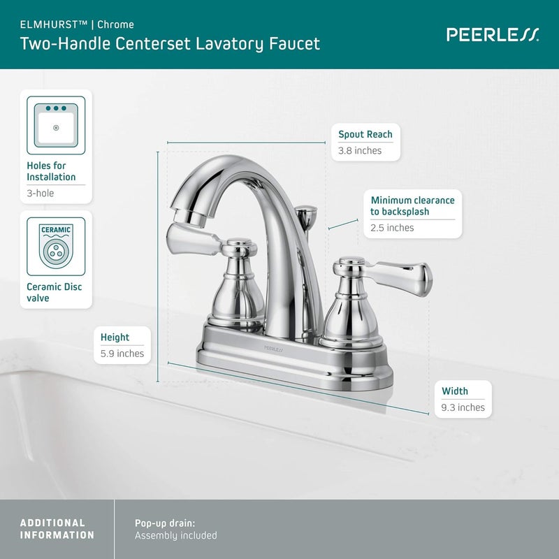 Peerless صنبور الحمام ذو المقبضين بييرليس P2565LF إلمهرست بتصميم مركزي كروم - Image 3