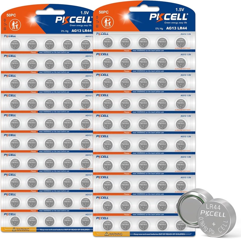 PKCELL LR44 Battery AG13 Button Coin Cell Batteries for Watches, Blood Glucose Meter,Toys,Music Books,100 packs - Image 1