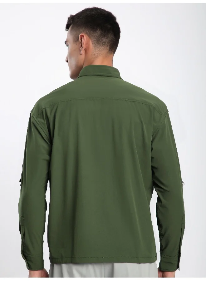 بيونغ قميص بأكمام ملفوفة باللون الزيتوني