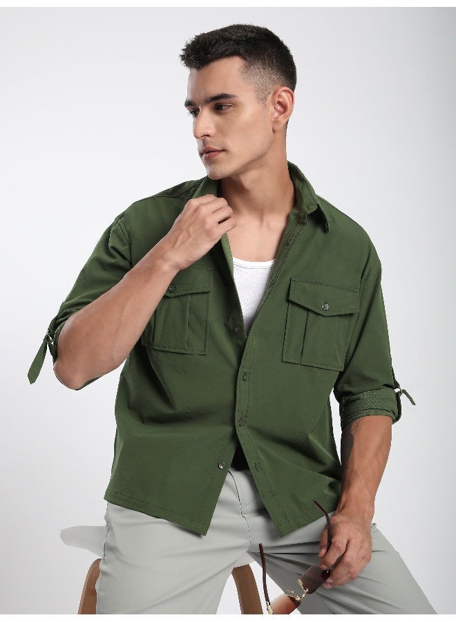 بيونغ قميص بأكمام ملفوفة باللون الزيتوني - Image 1