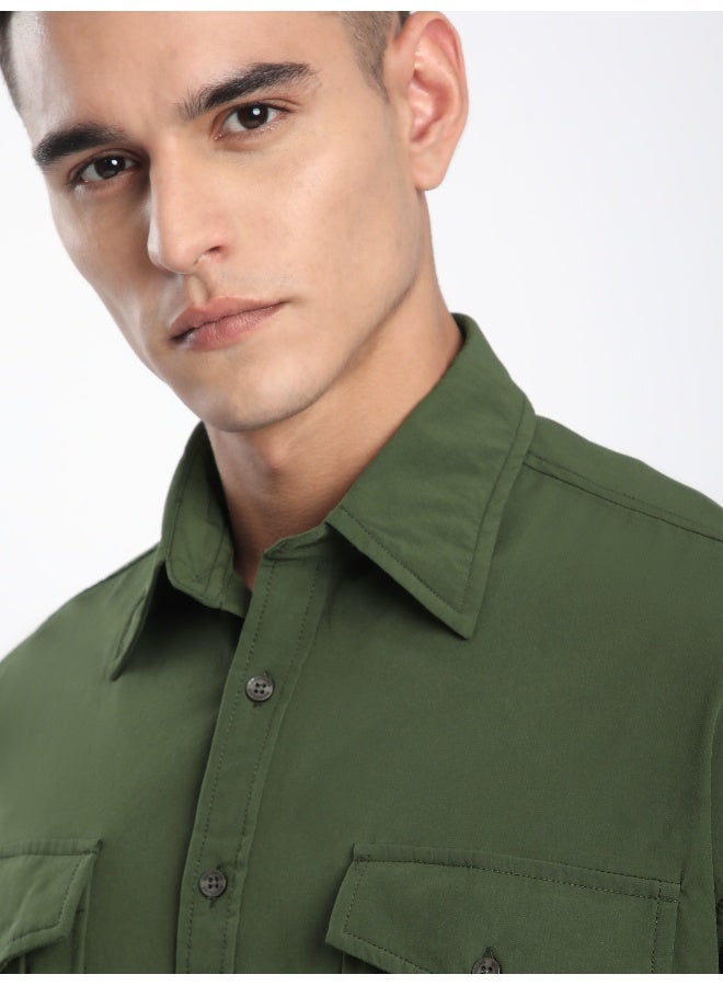 بيونغ قميص بأكمام ملفوفة باللون الزيتوني - Image 3