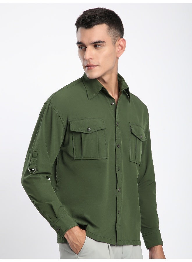 بيونغ قميص بأكمام ملفوفة باللون الزيتوني - Image 5